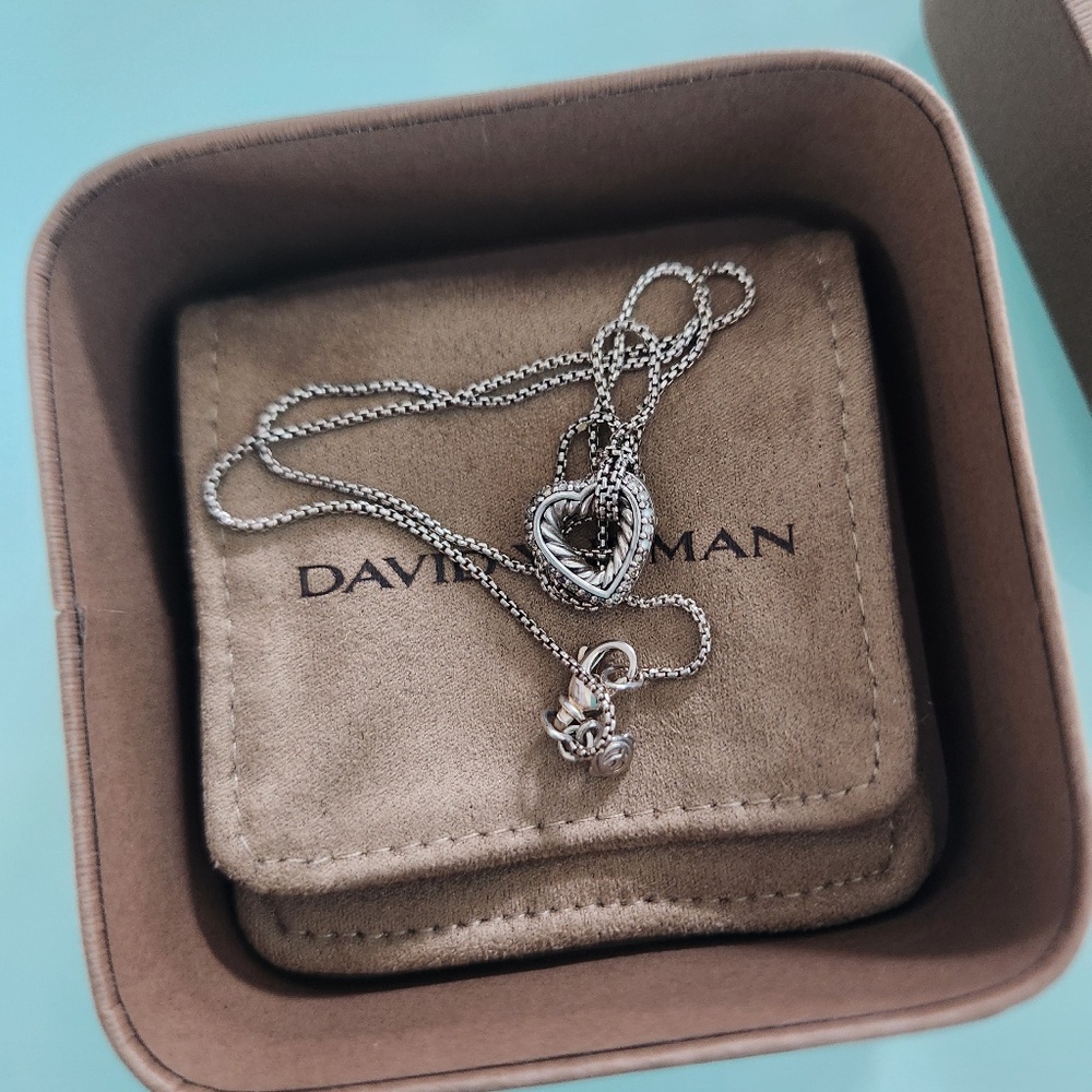David Yurman Sterling Silver Diamonds Heart Necklace, preloved